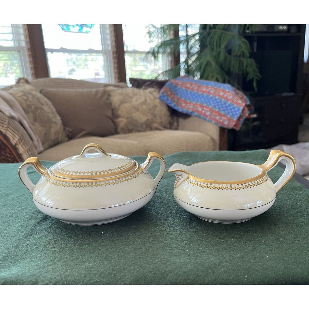 Haviland Limoges Schleiger 278 Cream & Sugar Bowl Lid White Cream Gold France